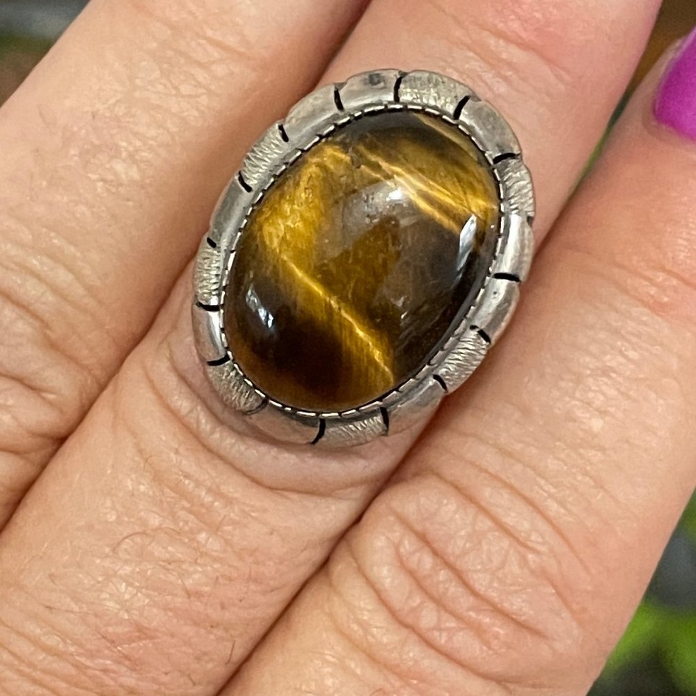 Sterling Silver Ring Tigers Eye size 8.5 Vintage